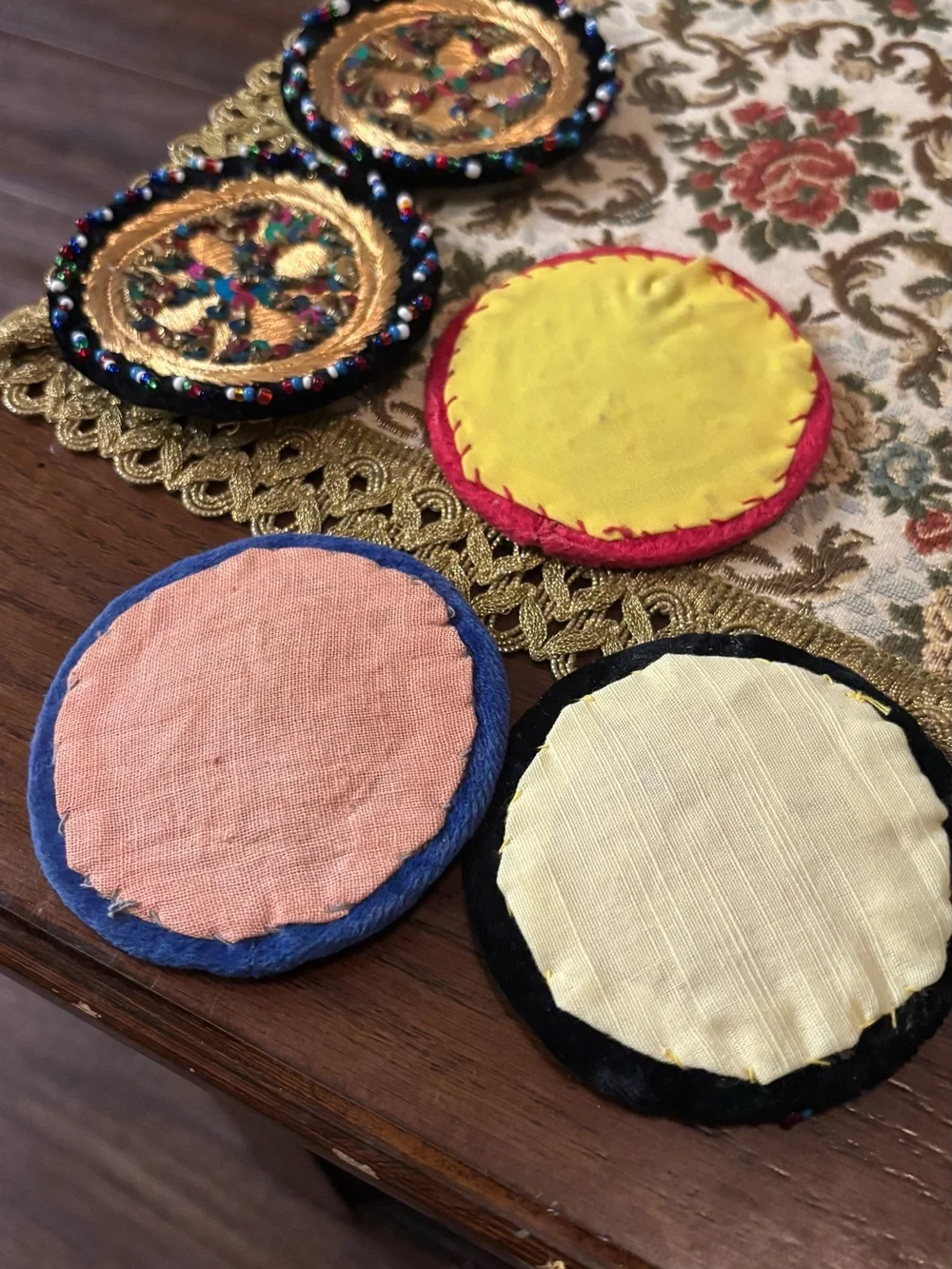 Vintage Handmade Zardozi Style Velvet Coasters Set of 11 Gold Embroidery Beads